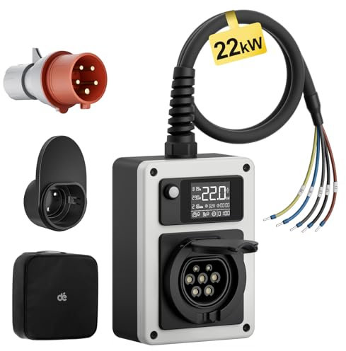 dé Wallbox 22kW 32A EV Charger mit Typ 2 Steckdose und Offenes Ende, 22kW Mobile Ladestation mit Stromzähler, RFID-Karte für ID.4 ID.5, Model Y, Model 3, e-up, e-tron und andere EV und PHEV