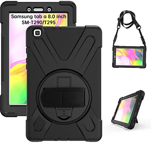 Gerutek Funda Anticaída para Samsung Galaxy Tab A 2019 (SM-T290/SM-T295) 8 Pulgadas, Carcasa Rugosa con Soporte Rotación, Correa de Mano/Hombro, Funda Antichoque para Galaxy Tablet A 2019 8- Negro