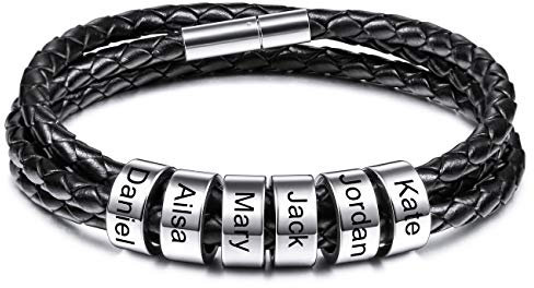 MeMeDIY Personalisierte Armbänder Gravur 2-6 Namen ID für Frauen Männer Echtes Leder Edelstahl Perlen Geflochtene Manschette Brautjungfer Geschenke Bester Freund (6 Silber perlen)