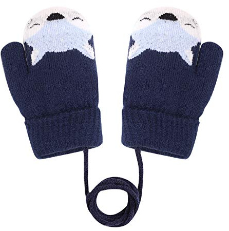 JIAHG Moufle Bébé Hiver Tricoté Gants Motif à Renard Mignon Doublure en Polaire Épais Chaud Moufle avec Cordon Anti-Perdu pour Enfants Moins de 3 Ans