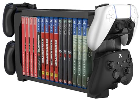 TNP Games Storage Tower (Up to 15 CD Disc) For PS5 Game Disk Rack and Controller Stand Holder For Xbox Series X/Nintendo Switch/PS4 Controller Stand Holder Can hold up to 4 controller