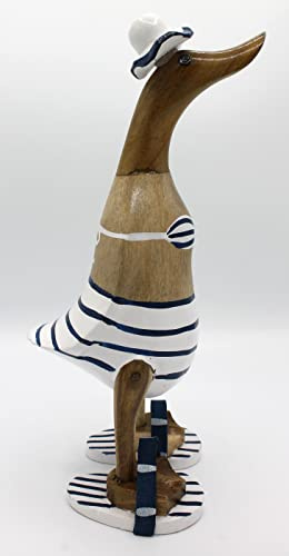 Deko Ente zur Dekoration Laufente aus Holz mit Bikini 27 cm Blau Weiß Geringelt