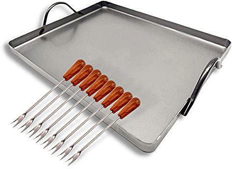 DOJA Barcelona | Llauna Caracoles de Hierro + Pinchos para Caracoles | Plancha Hierro Rectangular 42x32 + 8 Palillos Metálicos Reutilizables | Llauna Cargols y Mini Tenedores | Llauna Pequeña