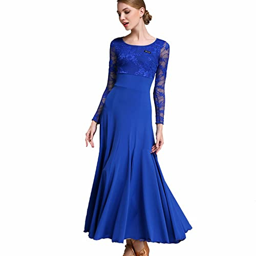 Tzdd Vestiti da Ballo Standard Abiti da Ballo da Ballo in Pizzo Elegante Moderne Waltz Performance Dance Stretchy Smooth Salsa Abito Abiti da Ballo per Donna,Royal Blue,M