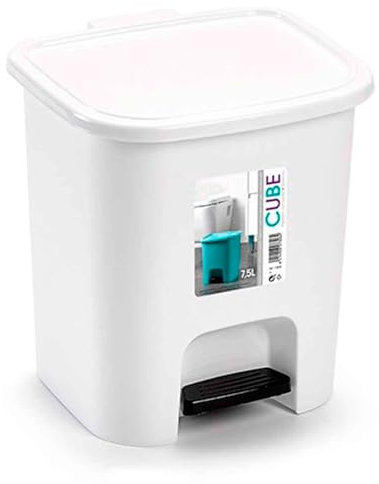 Acan Tradineur - Cubo de Basura con Pedal, plástico, Papelera, Oficina, baño, Cocina, Fabricado en España (Blanco - 7,5 litros - 25,5 x 24 x 22 cm)