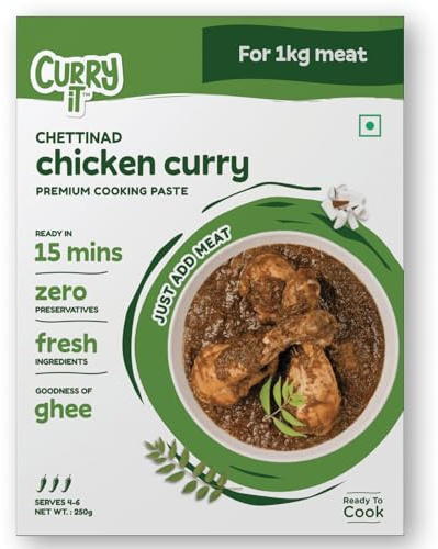 CURRYiT Instant Chettinad Chicken Curry Paste Just Add Chicken, Lamb, Fish, Egg Ready in 15-30 Mins Serves 4-6 Made with Ghee No Preservatives Ready to Cook Indian Cooking Sauce, 250 gm