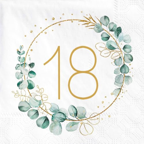 18. Geburtstag Deko Servietten, 40 Stück Servietten Eukalyptus Geburtstags, Serviette Gold Grün, Papierservietten für 18 Geburtstag Mädchen Junge Party Tischdekorationen für die Dekoration