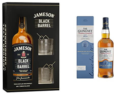 Jameson Black Barrel Irish Whiskey Glasses Gift Set, 70 cl & The Glenlivet Founder's Reserve Single Malt Scotch Whisky with Giftbox, 700ml