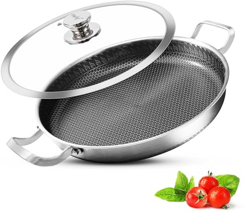 Vinchef 13 Inch Paella Pan, Stainless Steel with Lid, Honeycomb Nonstick Coating, Oven Safe, Dishwasher Safe, Induction, Gas, Electric Stove Compatible