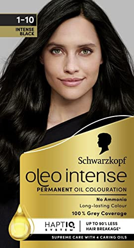 Schwarzkopf Oleo Intense Permanent Oil Colour 1-10 Intense Black Hair Dye, 100% Grey Coverage, Conditioner with HaptIQ System, Long-Lasting Colour, Ammonia Free Hair Dye