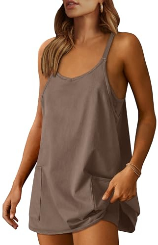 ANRABESS Women Athletic Dress Summer Tennis Workout Active Sports Mini Romper Dress Built in Shorts Travel Vacation Clothes Coffee Large
