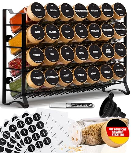 Deco haus® Gewürzregal Stehend & Wand [MIT 28 GEWÜRZGLÄSER & ETIKETTEN] - Gewürz Organizer - Spice Rack Organizer - Gewürzständer Gewürzregale Hängend - Gewürzregal Schrank Schwarz Gewürzaufbewahrung