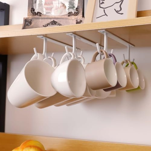 EigPluy Pack of 3 Cabinet Cup Holders, 12 Hooks, Hanging Coffee Cup/Mug Holder (White)