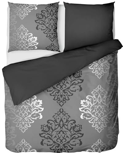LINKHOFF Biber Bettwäsche 155x220 cm - Wendebettwäsche 100% Baumwolle Ornamente - Unifarben Anthrazit - Winter Feinbiber Bettbezug + Kissen 80x80cm