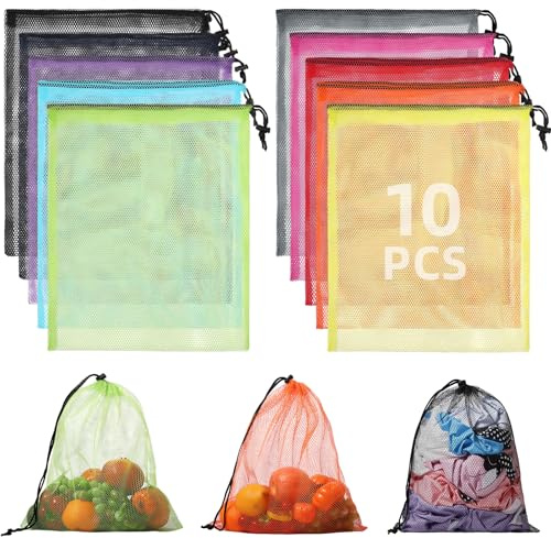 WSBArt 10Pcs Multicolor Mesh Drawstring Bags: Nylon Mesh Laundry Gym Travel Beach Bags with Locking Closure