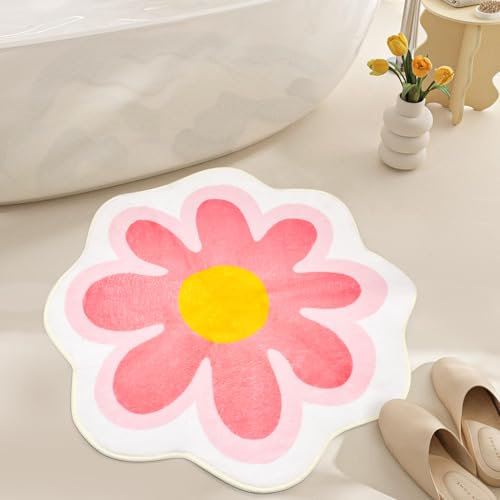 SPEACOUR Badematte, Rosa Blumenteppich, Blume Badvorleger, Badezimmerteppiche, Weiche Duschvorleger, Runder beflockter Badvorleger, Tür Matten mit Bürste für Badezimmer, Küche, Wohnzimmer (60 x 60 cm)
