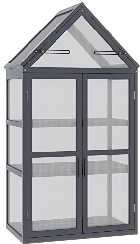 Outsunny Frühbeet Pflanzenbeet mit 3 Ebenen, aufklappbarem Dach wetterfest Mini Gewächshaus mit Doppeltüren Treibhaus aus Holz Polycarbonat Natur 70,5 x 42 x 132 cm