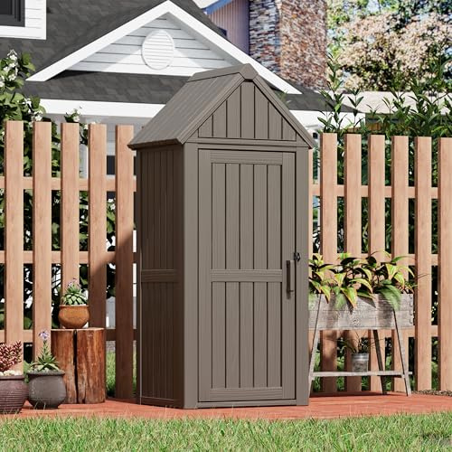 Fancyango Outdoor Resin Storage Shed, Upgrade Sturdy Storage Cabinet with Removable Shelves and Lock Ring, Reinforced Floor, All-Weather Construction for Garden Patio Lawn (Gray)