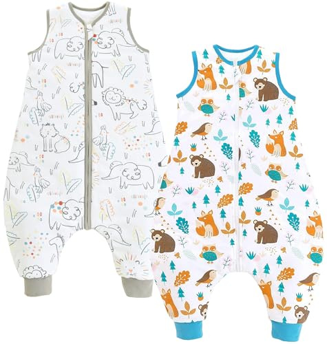 Chilsuessy Confezione da 2 Sacchi nanna per bambini con piedi 1,5 Tog per tutto l'anno Sacco a pelo per bambini con gambe Tutina per dormire per bambini e bambine, 80cm/Baby Höhe 90-100cm