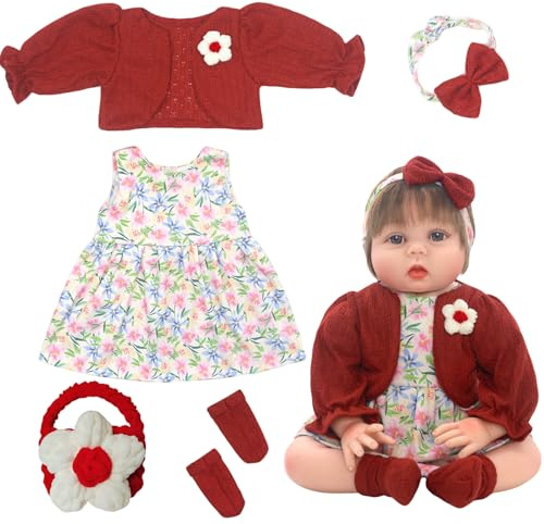 Xerteam Ropa para muñecas de 18 a 22 pulgadas, ropa para muñecas de 50 a 55 cm, accesorios para muñecas elegantes y brillantes, juego de falda floral roja, cinta para el pelo, bolsa tejida, calcetines