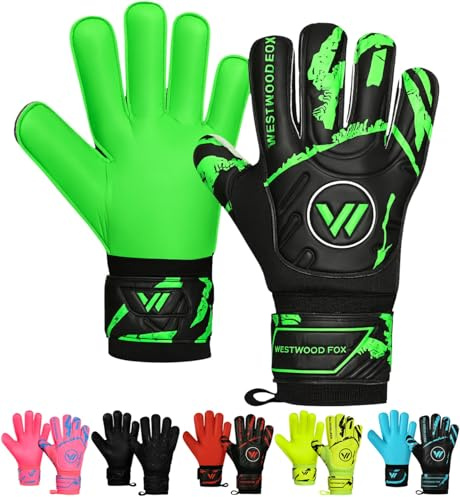 WESTWOOD FOX Goalkeeper Goalie Gloves,Finger Protection Soccer Goalie Gloves for Kids,Youth,Adults,Heavy Grip Palm Dumbo Latex 4+3 mm,Wrist Support (Black-Green, Size 4 Suitable 5 to 6 Year Old)