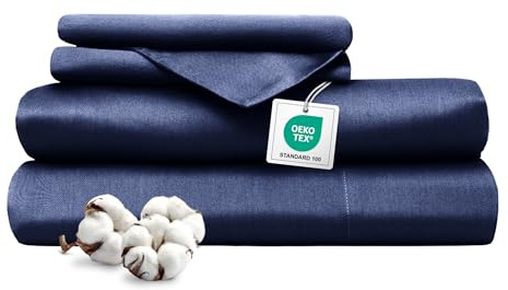 Ferò Completo Letto, Lenzuola Una Piazza e Mezza Cotone di Lusso 4 Pezzi, Proteine della Seta, Lenzuolo Angoli 140x200, 2 Federe 50x80, Design Italiano, Raso di Cotone 300TC OekoTex, Blu