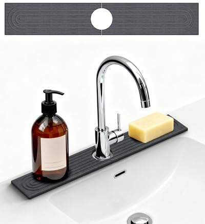 Prism Petal Abtropfmatte Spüle Wasserhahn Spritzschutz,Kieselgur Spülbeckenmatte Außergewöhnlich Saugfähig,Abtropfmatte Stein Für Küchen Und Badezimmer Inklusive Sandpapier,Dunkelgrau, 60 X 10cm