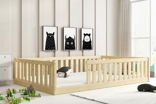 Interbeds Kinderbett Bella120x200 mit Rausfallschutz & Lattenrost Bodenbett aus Holz Einzelbett Montessori bed Gitterbett Kleinkindbett bis 120 kg Kiefer Holz massiv Junge Mädchen (Naturholz, 120x200)