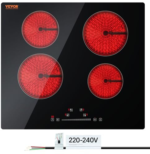 VEVOR Built in Electric Stove Top, 24inch 4 Burners, 240V Glass Radiant Cooktop with Sensor Touch Control, Timer & Child Lock Included, 9 Power Levels for Simmer Steam Slow Cook Fry