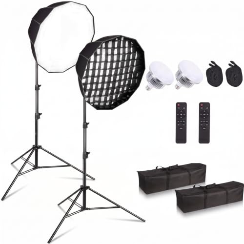 Snnozy Softbox Set fotostudio, 85 W 2 x 60 x 70 cm softbox LED-belysning med 2 800 K–5 700 K, 12-sidigt 2,5 m fullt justerbart ljusstativ för videoinspelningar, studio-porträtt (EU-kontakt)