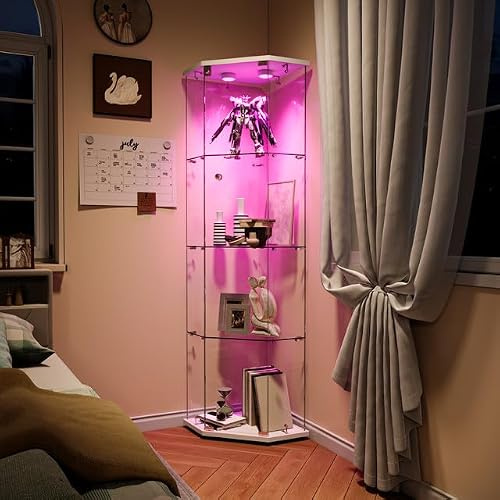 Mokylor 4-Tier Corner Glass Display Cabinet with RGB LED Lights, 5-Sided Lockable Tempered Glass Display Case for Collectibles, Figures and Models, White, 60 x 44.5 x 162 cm