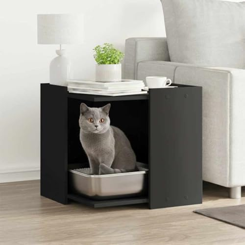 Mokuyary Meuble de Bac à Litière pour Chat Noir Bois d'ingénierie Salon B | Maison de Toilettes pour Chats, Table Basse pour Chambre, Balcon