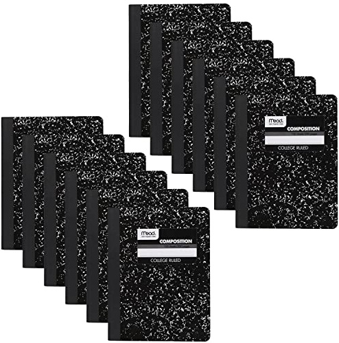 Mead Composition Notebooks, 12 Pack, College Ruled Paper, 9-3/4 x 7-1/2, 100 Sheets per Comp Book, Black Marble (72938)