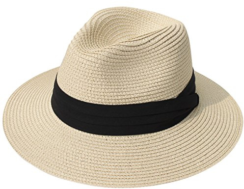Lanzom Women Wide Brim Straw Panama Roll up Hat Fedora Beach Sun Hat UPF50+ (Khaki) One Size