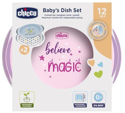 Chicco Coffret Repas pour Enfants, 2 Assiettes réutilisables pour Bébé,1 Creuse et 1 Plate,Base et Poignées Latérales Antidérapantes,Prise Érgonomique,Repose-Cuillère, Accessoire de Repas,dès 12 Mois