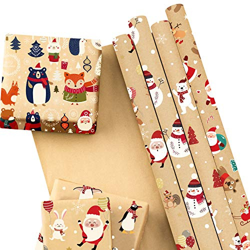 RUSPEPA Papel de Regalo Kraft - Elementos Temáticos de Papá Noel - Colección Navideños - 6 Hojas Empaquetadas En 1 Rollo - 44,5 X 76 cm Por Hoja