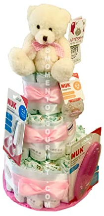 Gâteau à couches NUK rose (taille 2 (3-6 kg)) by MomentosGourmet Ajoutez votre dédicace personnalisée. Cadeau pour bébé très pratique. Panier à langer nouveau-né