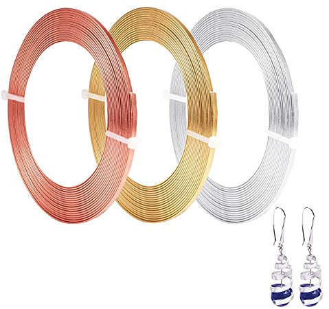 Cinvo 3 Rollen flacher Basteldraht, Schmuckdraht, flexibler Aluminiumdraht, anlaufgeschützt, für Lünette, Modellierung, DIY-Schmuckherstellung (1 mm dick, 3 mm breit, Silber, Gold und Rotgold)