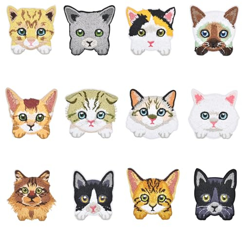 Set of 12 Iron-On or Sew-On Cat Embroidered Patches for Clothes, T-Shirts, Jackets, Backpacks, Jeans, Hats, Clothing Decorations
