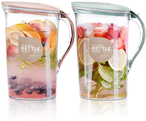 Coloch 2 Pack 2L Plastic Water Pitcher Jug with Flip Top Spout Lid, Clear Slim Water Container Jugs for Fridge Door Juice Pitcher with Scale Line for Tea, Lemonade, DIY Drinks, Blue and Pink