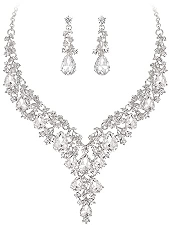 Clearine Juegos de Joyas de Mujer Boda Nupcial Joyería Conjunto Lágrima Strass Racimo Declaración Collar Pendientes Colgantes Bisutería,Color Claro Plata-Tono