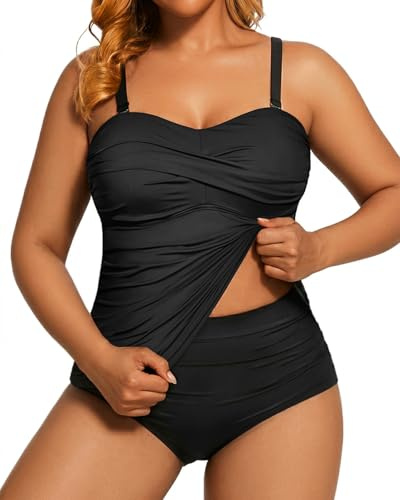 Aqua Eve Women Two Piece Plus Size Tankini Strapless Bathing Suits Bandeau Swimsuits with High Waisted Bottom Black 18W