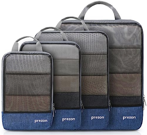 Prezon Lot de 4 cubes de rangement compressibles, organisateurs extensibles pour valise, parfaits pour le voyage et le rangement à la maison, Mesh TPU, Bleu marine