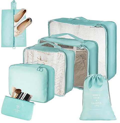 organisateur valise, rangement valise organisateur, organisateur de voyage, Lot de 7 Organiseurs de Bagage pour Voyage, les voyages en famille, le rangement à la maison (bleu clair)