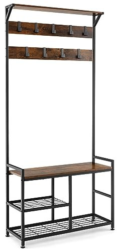 HOMASIS 3 in 1 Garderobenständer mit 10 Haken, Kleiderständer mit Ablage & Schuhbank, freistehendes Schuhregal aus Holz & Metall für Garderobe, Flur, Wohnzimmer, 84 x 30,5 x 183 cm, Vintage Braun