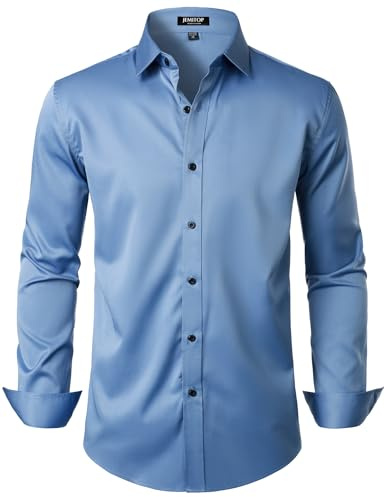 JEMITOP Men's Stretch Wrinkle Free Dress Shirts Formal Wedding Prom Long Sleeve Button Down Shirt Classic Blue L