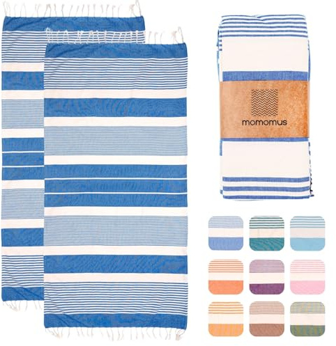 MOMOMUS Pack med 2 Fouta XL eller strandhandduk bomull 100% – absorberande, ultramjuk, kompakt – strandhandduk fransar och hamam-handduk tunn bastu, spa och pool – blå, 90 x 180 cm