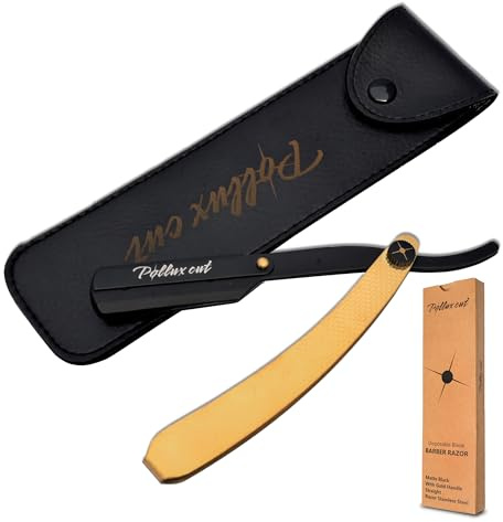 Pollux Cut Throat Razor for Men – Black Barbers Razor with Gold Handle – Stainless Steel Professional Straight Razor – Wet Shaving Tool for Beard & Moustache Grooming – Pouch Included