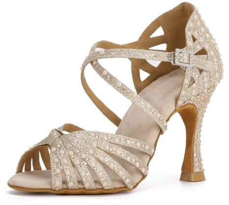 Syrads Zapatos de Baile de salón de Diamantes de imitación para Mujer Zapatos de Baile de Salsa Latina Zapatos de Baile de salón con Correa Cruzada,Champán Dorado 9cm Heel,39 EU