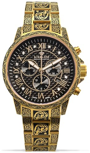 LOUIS XVI Palais Royale Inked 1702 - Montre pour homme - Diamètre 43 mm - Étanche - Avec verre saphir - Bracelet doré - Cadran romain noir avec diamants - Mouvement à quartz suisse, or